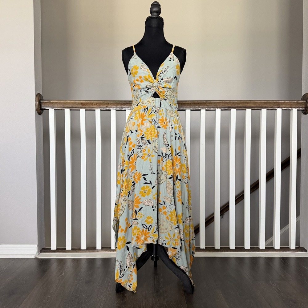 Romantic Gypsy Handkerchief Asymmetrical Hem Floral Midi Dress Large Resort Boho
